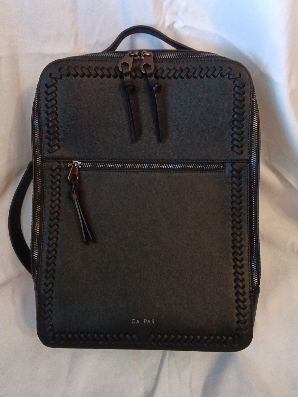 Calpak Black Leather-Look Woven-Trim Backpack